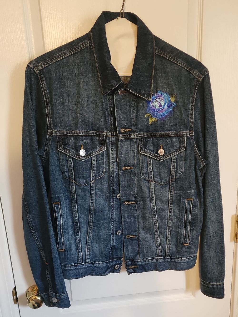 Upcycled Denizen from Levi's Dark Blue Denim Jacket with Embroidery Front & Back